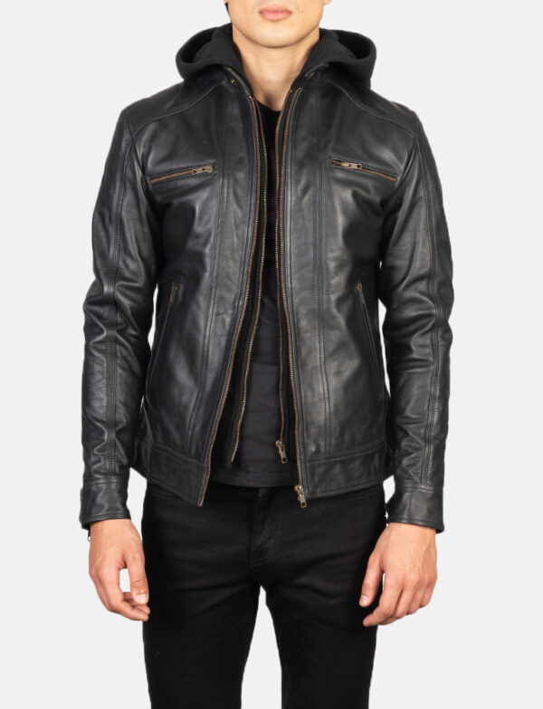 LE-Hector Black Hooded Leather Biker Jacket